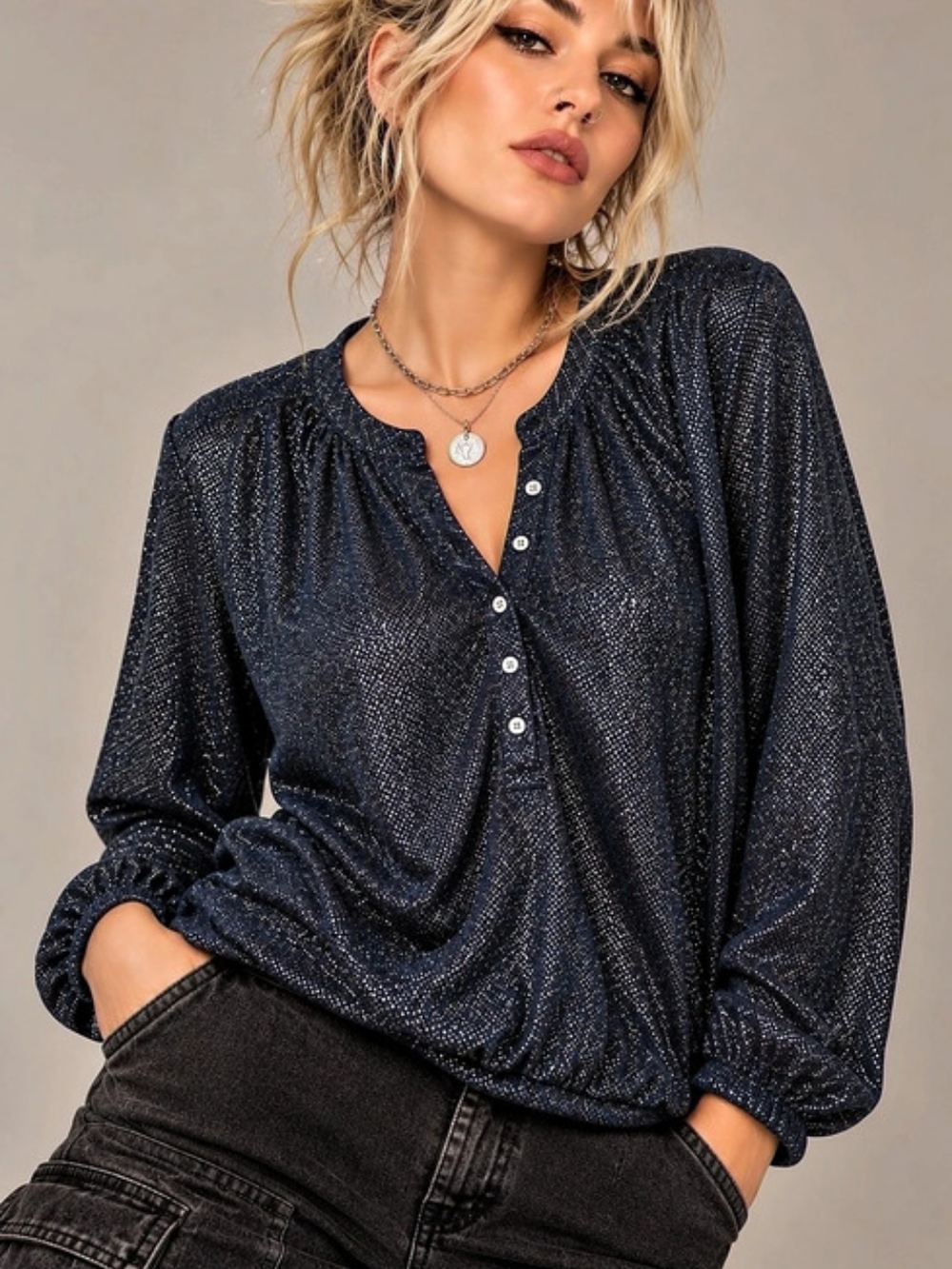 Lily Morgan Long Sleeve Button Front Blouse in Blue